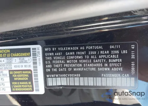 2012 Volkswagen Eos Lux z USA, uszkodzony, nr VIN WVWFW7AH9CV003489